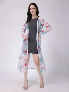 Cation Floral Printed Open Front Longline Shrug