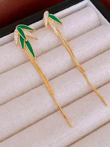 VAGHBHATT Gold-Plated Artificial Stones Studded Leaf Shaped Drop Earrings