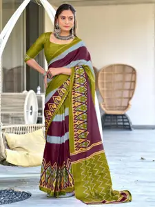 Anouk Striped Mirror Work Pure Cotton Half and Half Block Print Saree