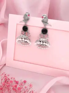 Sangria Silver Plated Artificial Stones And Beads Peacock Design Dome Shaped Jhumkas