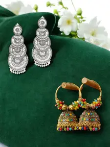 ANIKAS CREATION Set Of 2 Silver-Plated Artificial Beaded Circular Shaped Drop Earrings