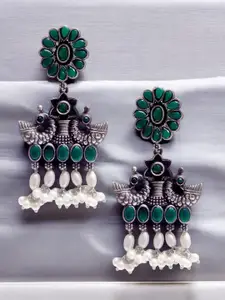 OOMPH Oxidised Silver-Plated Artificial Studded & Beaded Peacock Shaped Drop Earrings