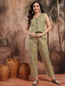 Sangria Printed V-Neck Top & Trouser Co-Ords