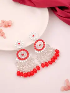 Sangria Silver-Plated Artificial Studded & Beaded Contemporary Drop Earrings