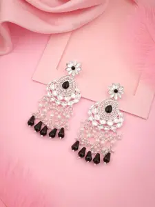 Sangria Silver-Plated Kundan Stone Studded & Beaded Tasselled Contemporary Drop Earrings