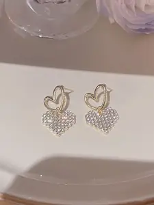 VAGHBHATT Gold-Plated Artificial Stones Studded Heart Shaped Drop Earrings