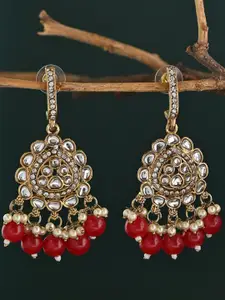 Fida Gold-Plated Kundan Studded & Pearls Beaded Teardrop Shaped Drop Earrings
