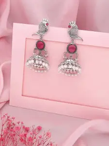 Sangria Oxidised Silver-Plated Dome Shaped Pearls Jhumkas