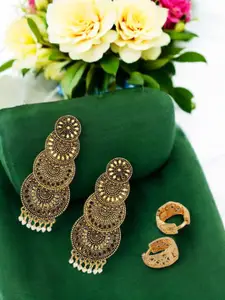 ANIKAS CREATION Set Of 2 Gold-Plated Artificial Beaded Circular Shaped Drop Earrings