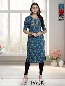 Anouk Rustic Selection Of 3 Floral Printed Round Neck Straight Kurtas