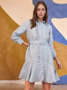 RARE Women Solid Belted A-Line Mini Dress