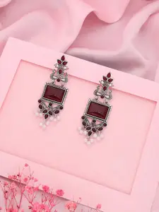 Sangria Silver- Plated Artificial Stones And Beads Square Shaped Drop Earrings