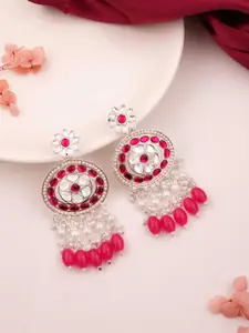 Sangria Oxidized Silver-Plated Artificial Stones Studded & Beaded Drop Earrings