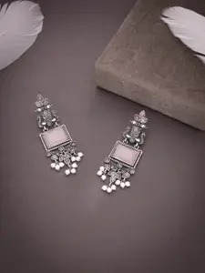 Sangria Oxidized Silver-Plated Artificial Stones Studded & Beaded Drop Earrings