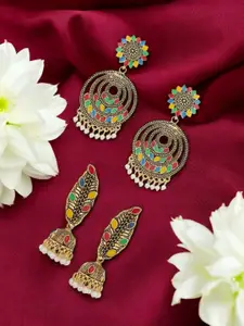 ANIKAS CREATION Set Of 2 Gold-Plated Artificial Beaded Circular Shaped Drop Earrings