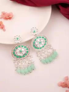 Sangria Silver- Plated Artificial Stone Studded & Beaded Drop Earrings