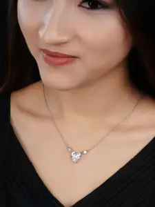 Bishty Fashion Silver-Plated Stainless Steel CZ-Studded Heart Shaped Pendant Chain