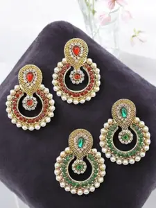 ANIKAS CREATION Set Of 2 Gold-Plated Cubic Zirconia Sutudded Circular Shaped Drop Earrings