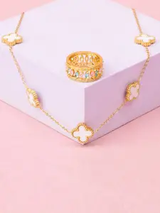 SALTY Dove & Baguette Pendant Chain & Stones Studded Ring Jewellery Set