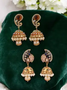 ANIKAS CREATION Set Of 2 Gold-Plated Artificial Stones And Beads Dome Shaped jhumkas