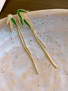 VAGHBHATT Gold-Plated Artificial Stones Studded Leaf Shaped Drop Earrings