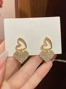 VAGHBHATT Gold-Plated Artificial Stones Studded Heart Shaped Drop Earrings