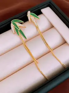 VAGHBHATT Gold-Plated Artificial Stones Studded Leaf Shaped Drop Earrings