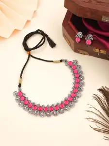 Sangria Silver- Plated Stones Studded Choker With Stud Earrings Jewellery Set