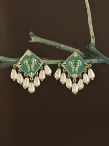 Fida Gold-Plated Pearls Beaded Diamond Shaped Meenakari Drop Earrings
