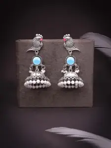 Sangria Silver Plated Artificial Stones And Beads Peacock Design Dome Shaped Jhumkas