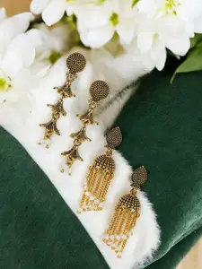 ANIKAS CREATION Set Of 2 Gold-Plated Artificial Beaded Contemporary Shaped Drop Earrings