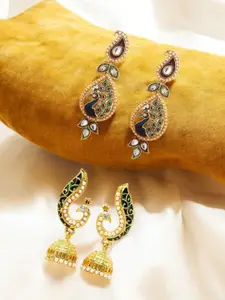 ANIKAS CREATION Set Of 2 Gold-Plated  Stones &  Beaded Paisley Shaped Drop Earrings