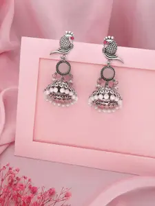 Sangria Silver Plated Artificial Stones And Beads Peacock Design Dome Shaped Jhumkas