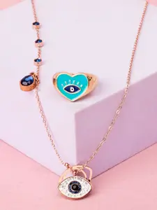SALTY Rose Gold Plated Stones Studded Evil Eye Pendant & Ring Jewellery Set