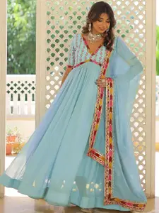 Kedar Fab Floral Yoke Design V-Neck Thread Work Georgette Ethnic Dresses