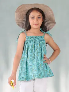 Sangria Girls Floral Printed Pure Cotton Sleeveless Jaal Tops