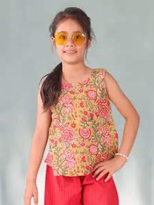 Sangria Girls Floral Printed Pure Cotton Sleeveless Top