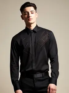 HE SPOKE Embroidered Satin Stretch Party Shirt