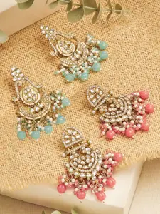 Zaveri Pearls Set Of 2 Gold-Plated Stones Studded & Beaded Contemporary Drop Earrings