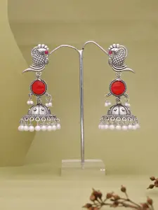 Sangria Oxidised Silver-Plated Dome Shaped Pearls Jhumkas