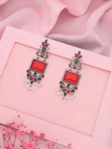 Sangria Oxidized Silver-Plated Artificial Stones Studded & Beaded Drop Earrings