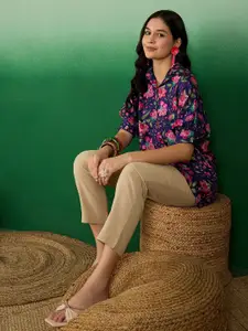 Sangria Floral Printed Shirt Style Top