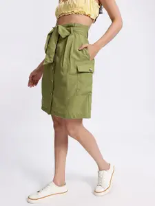 glitchez Solid Waist Belted Above Knee Skirt