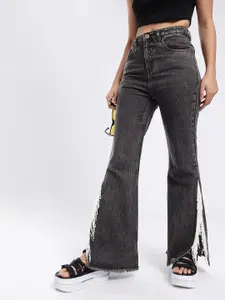 glitchez Women Bootcut Tasseled High-Rise Slit Jeans