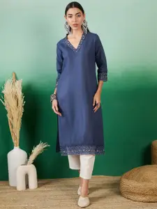 Sangria Floral Embroidered V-Neck Straight Kurta