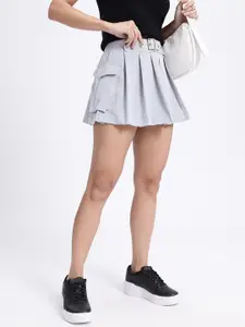 glitchez Box Pleats Belted Mini Flared Skirt