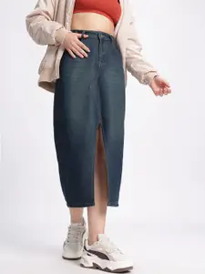 glitchez Midi Front Slit Denim Straight Skirt