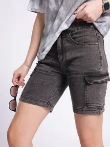 glitchez Women Modern Utility Washed Denim Cargo Shorts