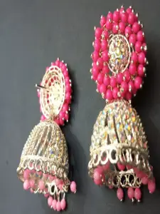 JMBW INTERNATIONAL Gold Plated Kundan Stones Studded & Beaded Dome Shaped Jhumkas