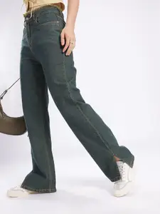 glitchez Women Frayed & Slit Straight Fit High-Rise Light Fade Jeans